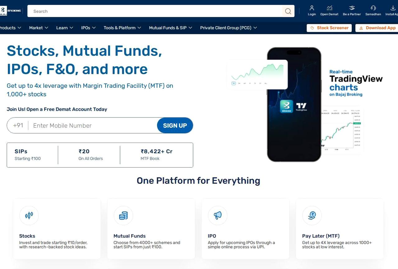 Screenshot of the Bajaj Broking website