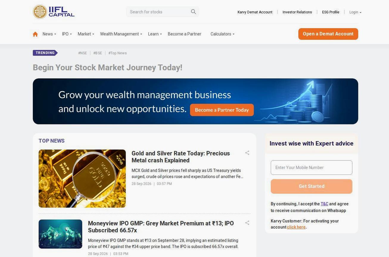 Screenshot of the IIFL Securities website
