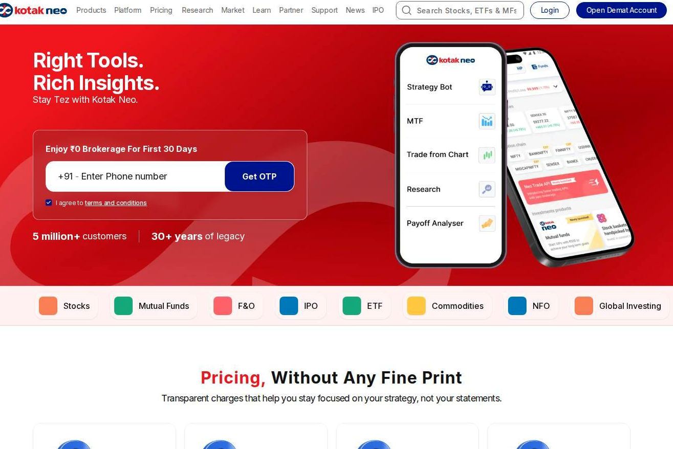 Screenshot of the Kotak Securities website