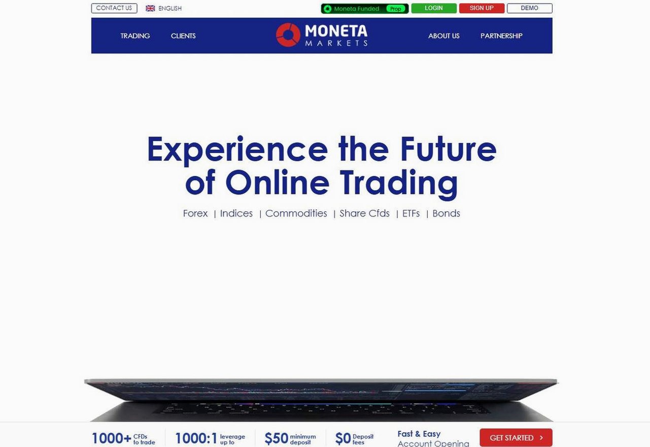 Screenshot of the Moneta Markets website
