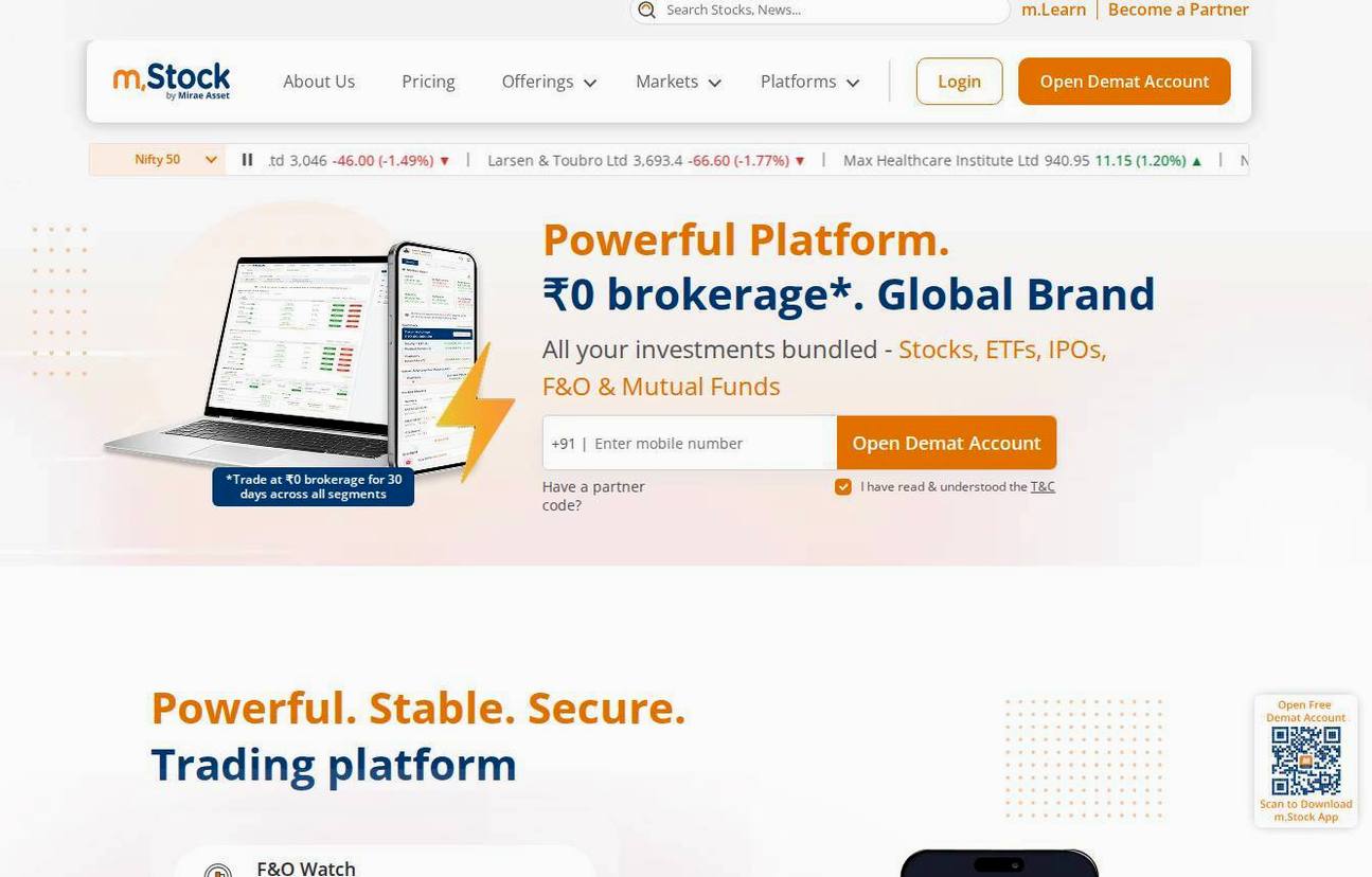 Screenshot of the mStock (Mirae Asset) website