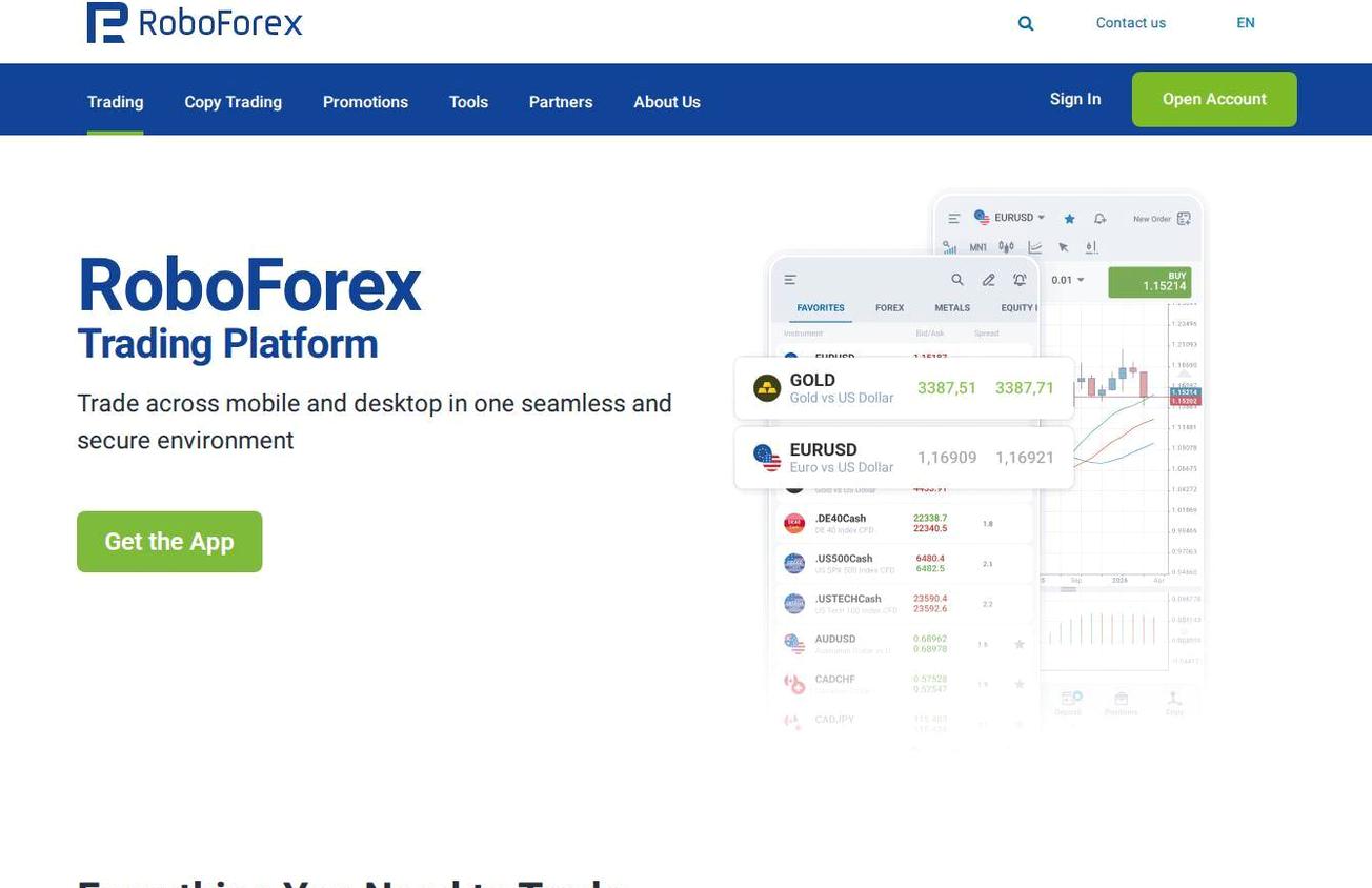The platform page on the RoboForex website