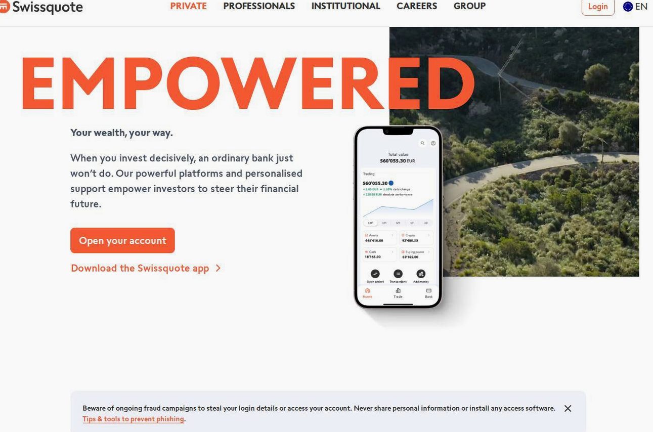 Screenshot of the Swissquote website