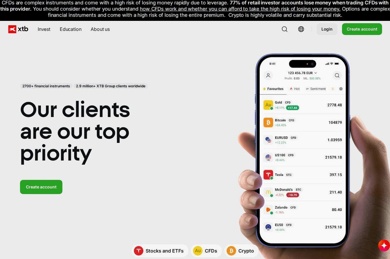 Screenshot of the XTB website